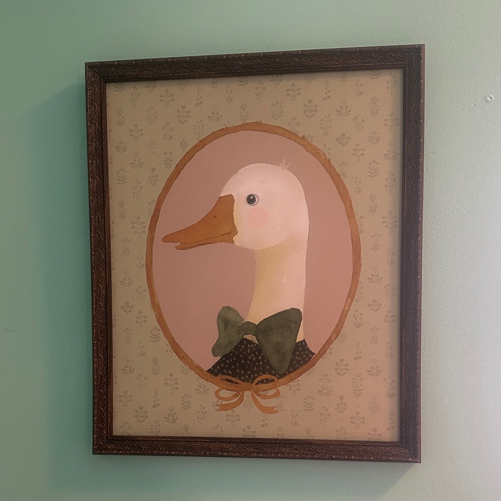Framed Duck Portrait Wall Art - Pink Background, Green Bow
